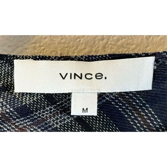 Vince Navy & White Plaid V-Neck Long Sleeve Side Snap Wrap Blouse Women's Medium - Picture 6 of 11